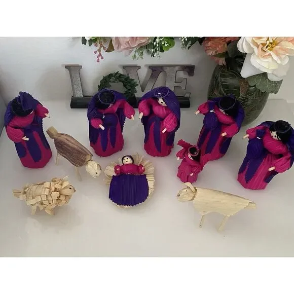 10 Piece Handmade Vtg Christmas Nativity Set Corn Husk 5" Dolls Roatan Honduras - Picture 11 of 16